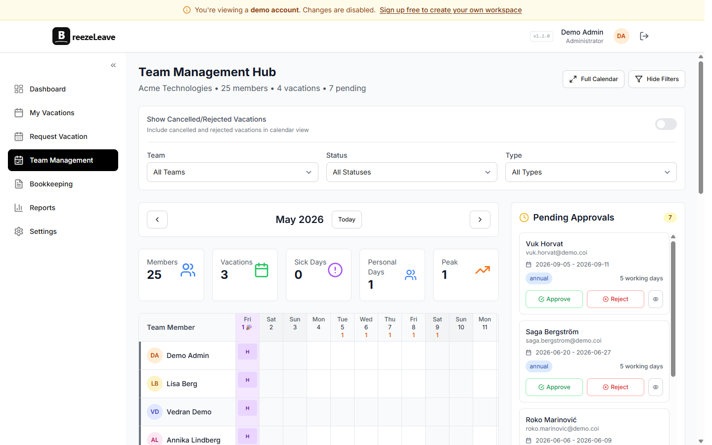 BreezeLeave approval workflow page showing multiple approvers and decision progress