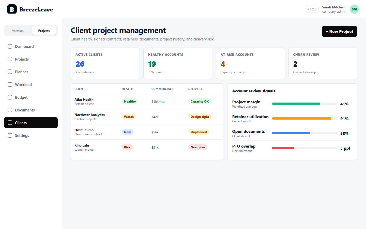 BreezeLeave clients page showing client records, active retainers, and project delivery context