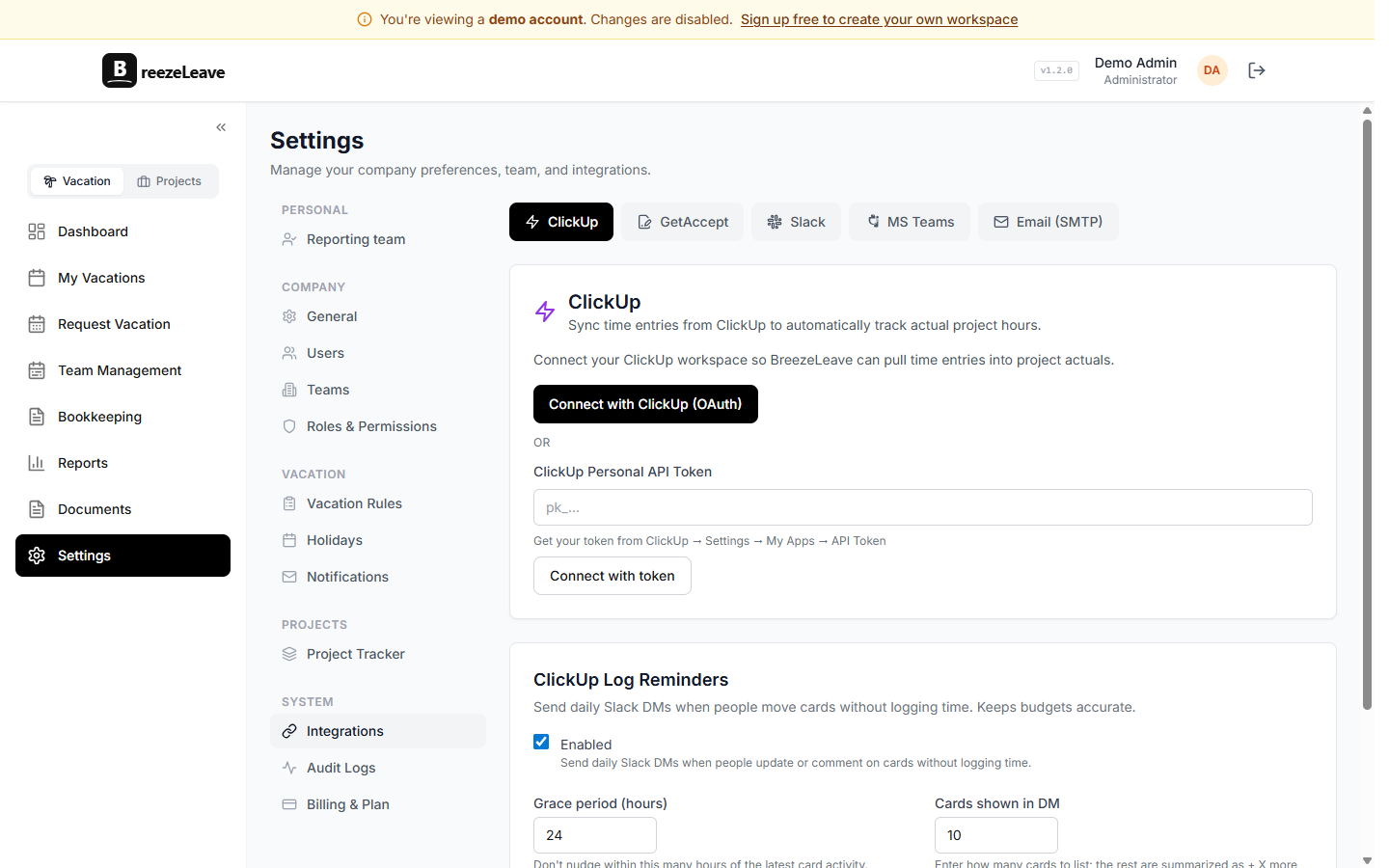 BreezeLeave integration settings showing two Slack channels configured
