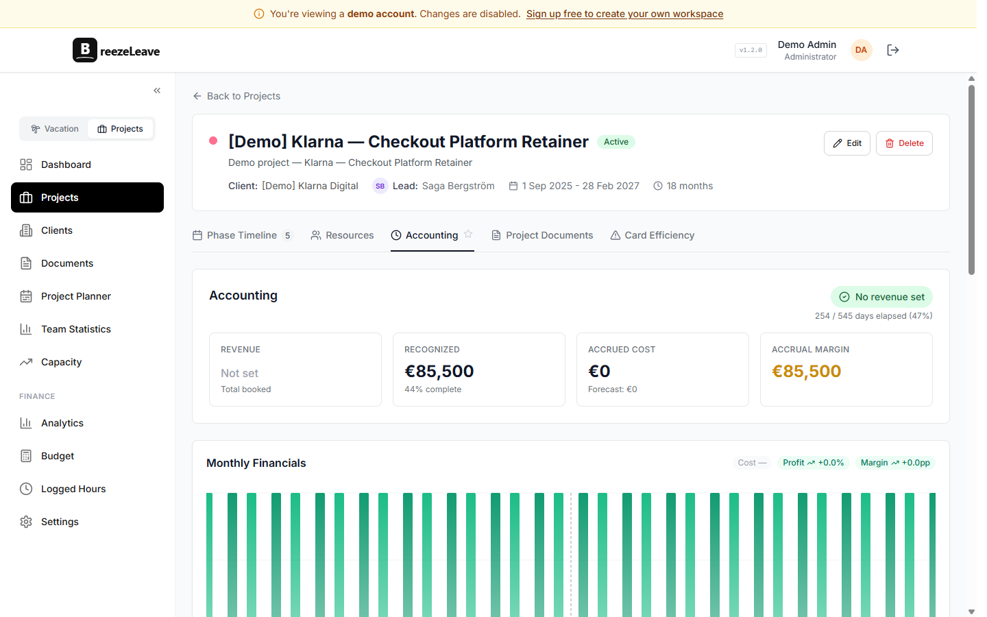 BreezeLeave project budget tracking page showing contract schedules, payment months, planned revenue, costs, margins, and budget alerts