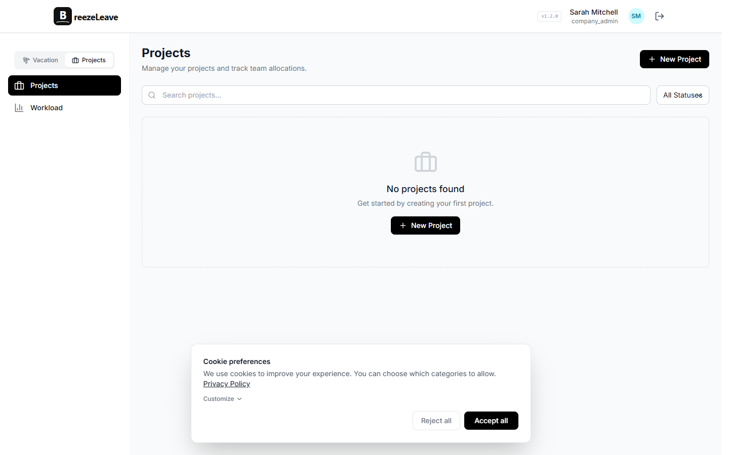 BreezeLeave projects page showing signed project work and client delivery planning