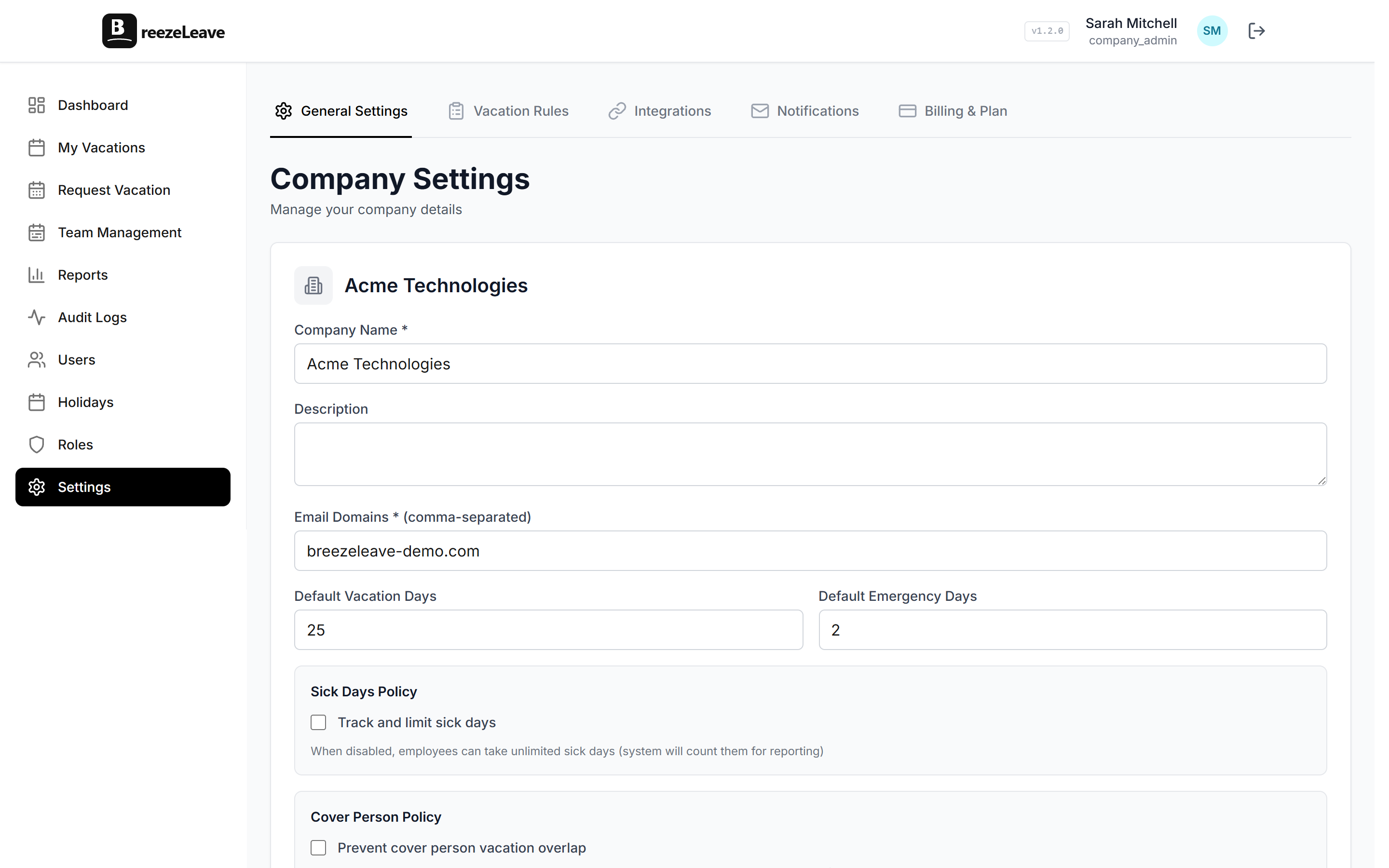 BreezeLeave company settings showing the rules engine configuration for leave types, accruals, carryover, blackout dates, and approval chains