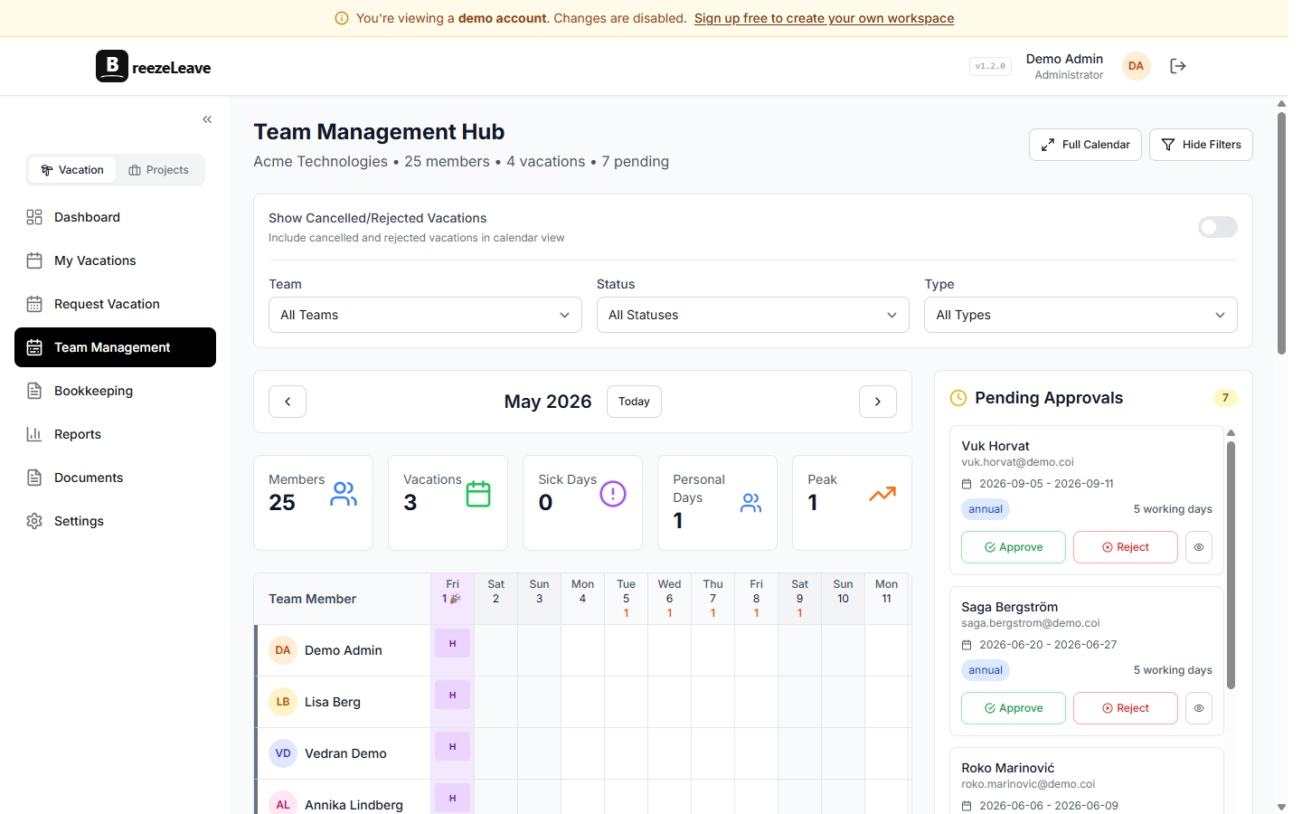 BreezeLeave team calendar showing approved leave and public holidays for a small startup