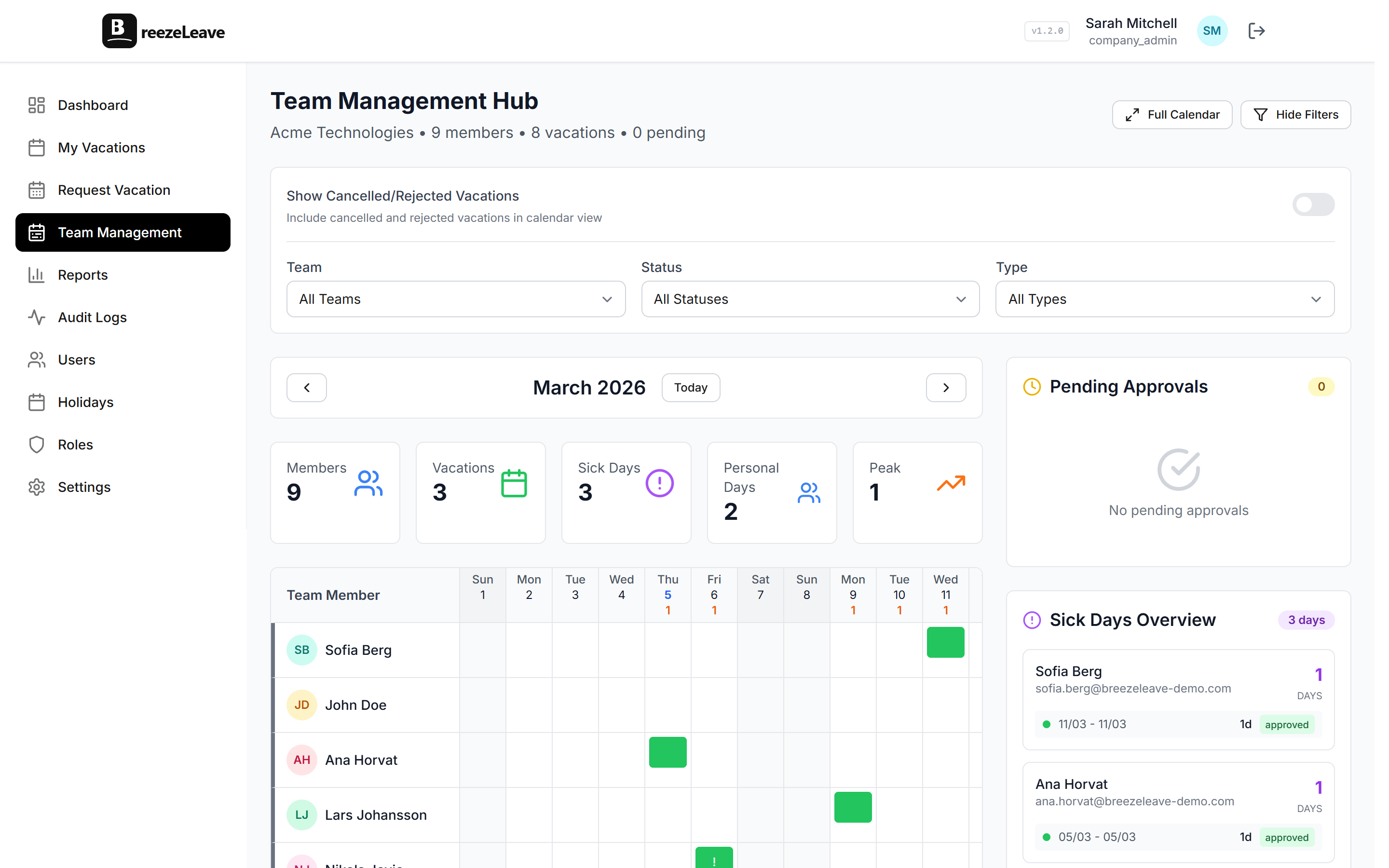 BreezeLeave team management view with approvers, members, and per-team approval policy settings.