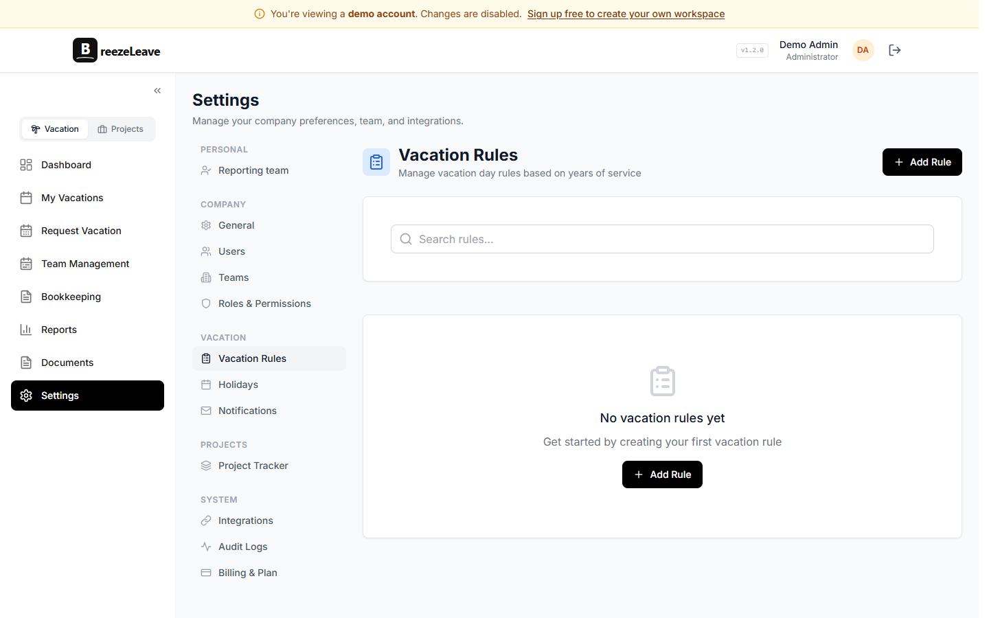 BreezeLeave vacation rules configuration showing seniority tiers by years of service and the days allocated at each tier