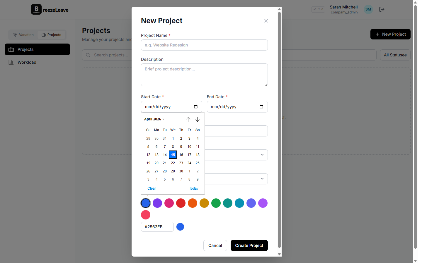 BreezeLeave workload page showing capacity planning, PTO impact, utilization, and project mix